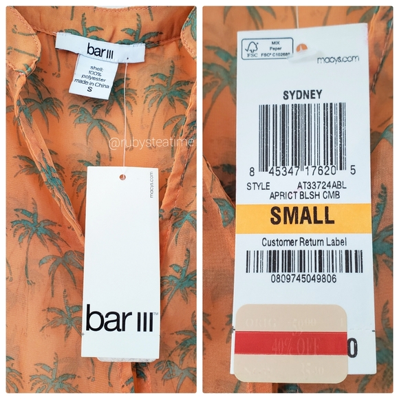 Sheer Tropical Palm Tree Print Sleeveless Top, Button Front, Orange & Green NWT - Picture 6 of 7